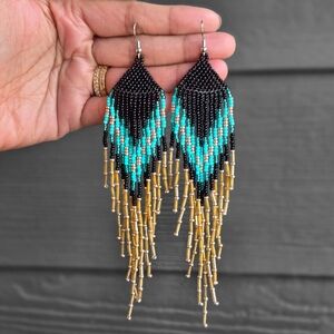 Daya Boho Beaded Fringe Earrings Handmade Black Statement Jewelry Boheme